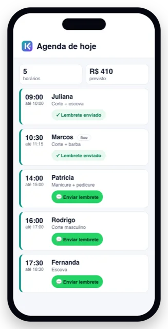 Agenda do dia com botões de lembrete pelo WhatsApp.