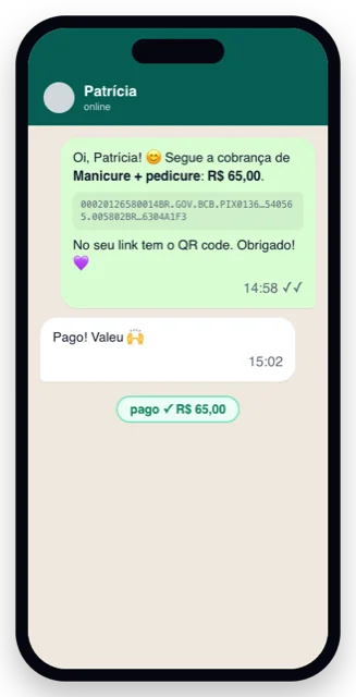 Cobrança com Pix enviada pelo WhatsApp.